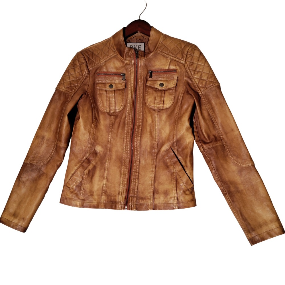 BKE Buckle Womens Hashed Brown Faux Leather Moto Jacket OMLJ5609 Small NWT